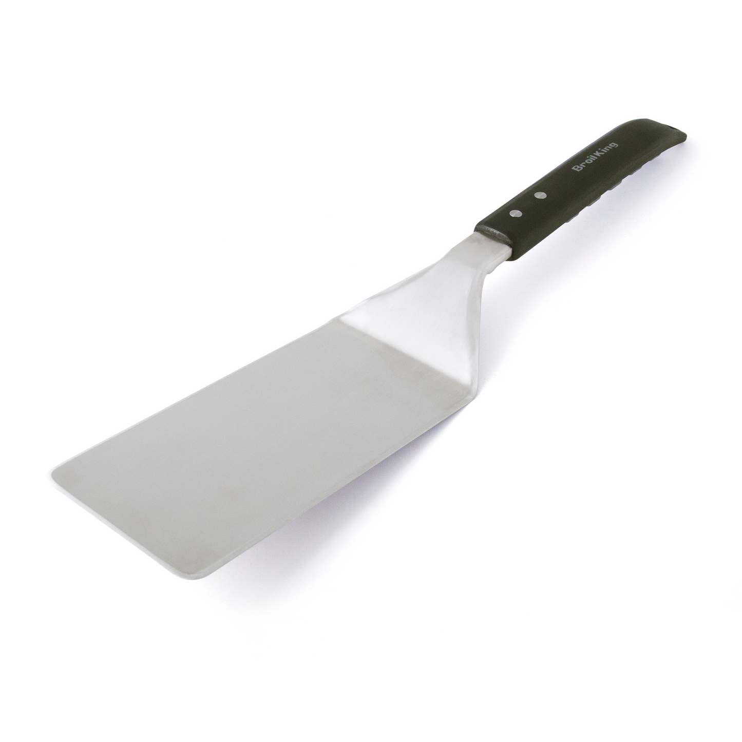 Metal spatula with black handle on a white background