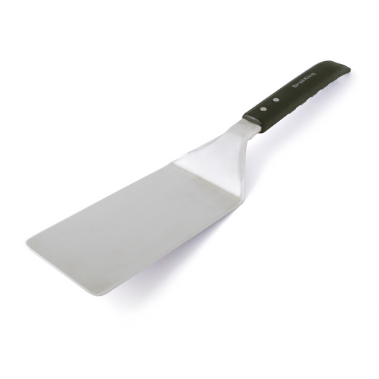 Metal spatula with black handle on a white background